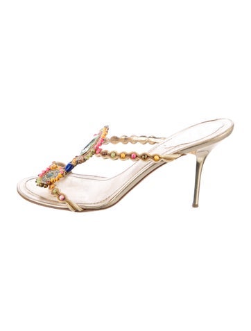 Pre-owned René Caovilla Leather Slides In Gold