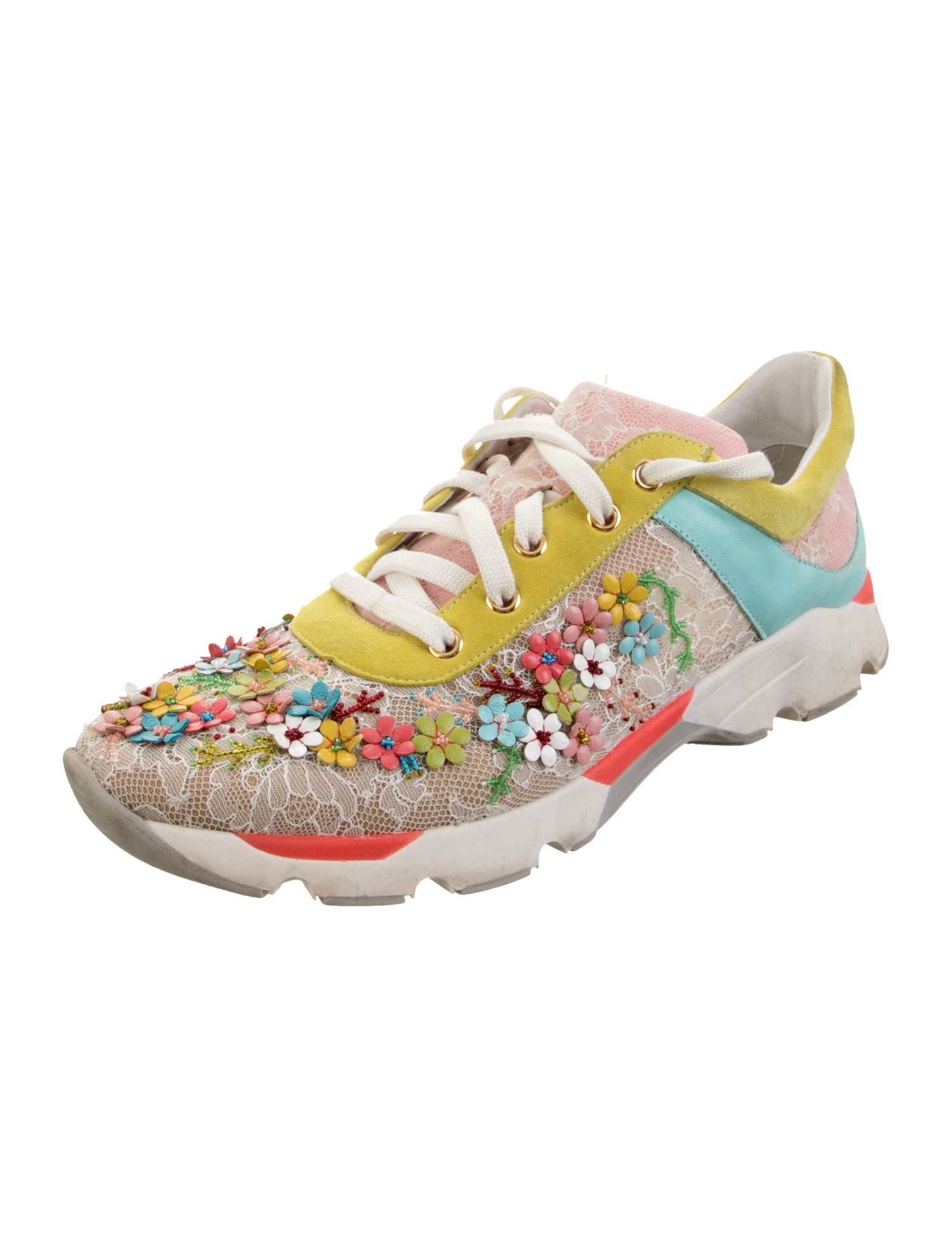 René Caovilla Lace Floral Print Sneakers