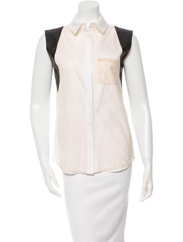 Reed Krakoff Leather-Trimmed Button-Up Top