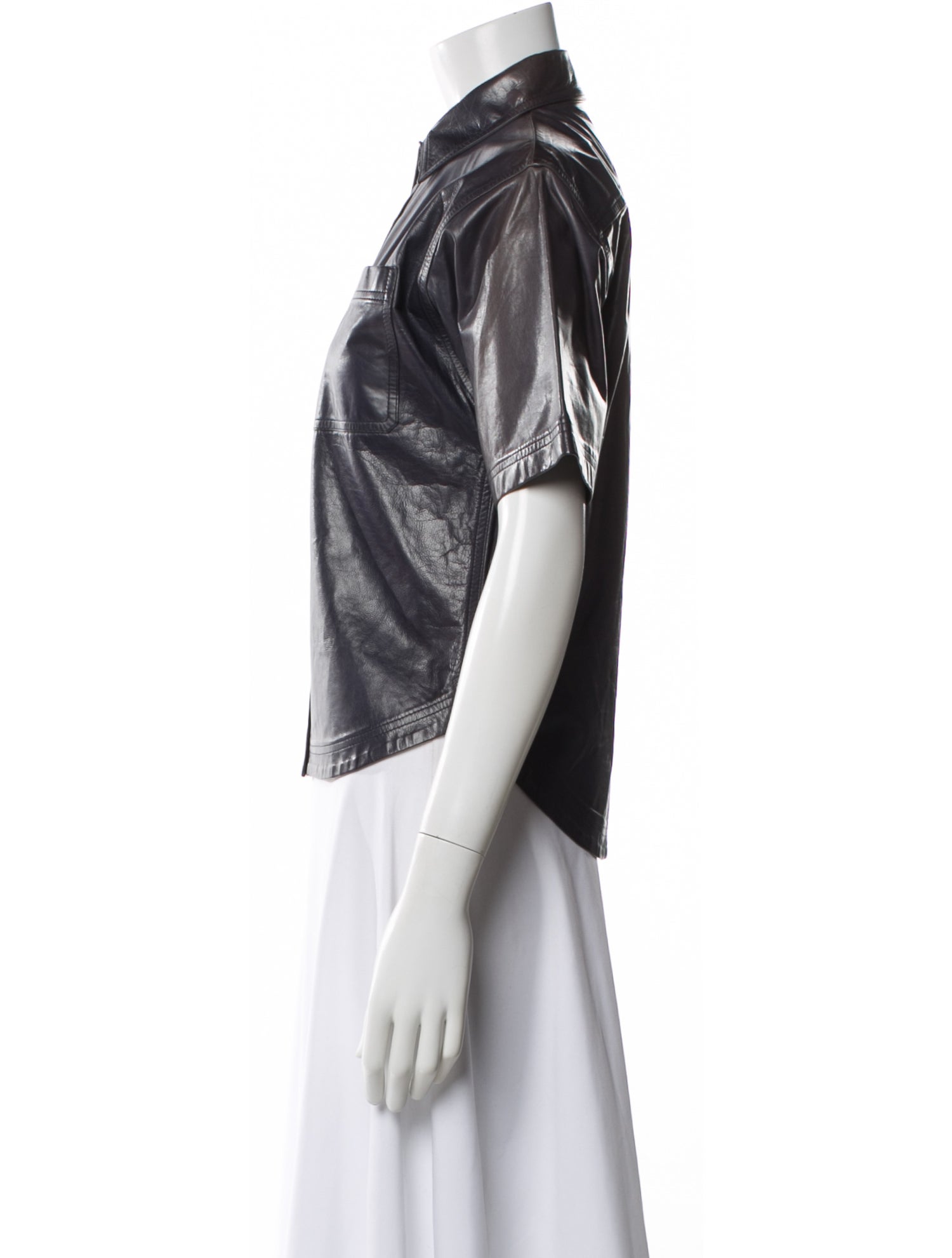 Reed Krakoff Calf Leather Short Sleeve Button-Up Top