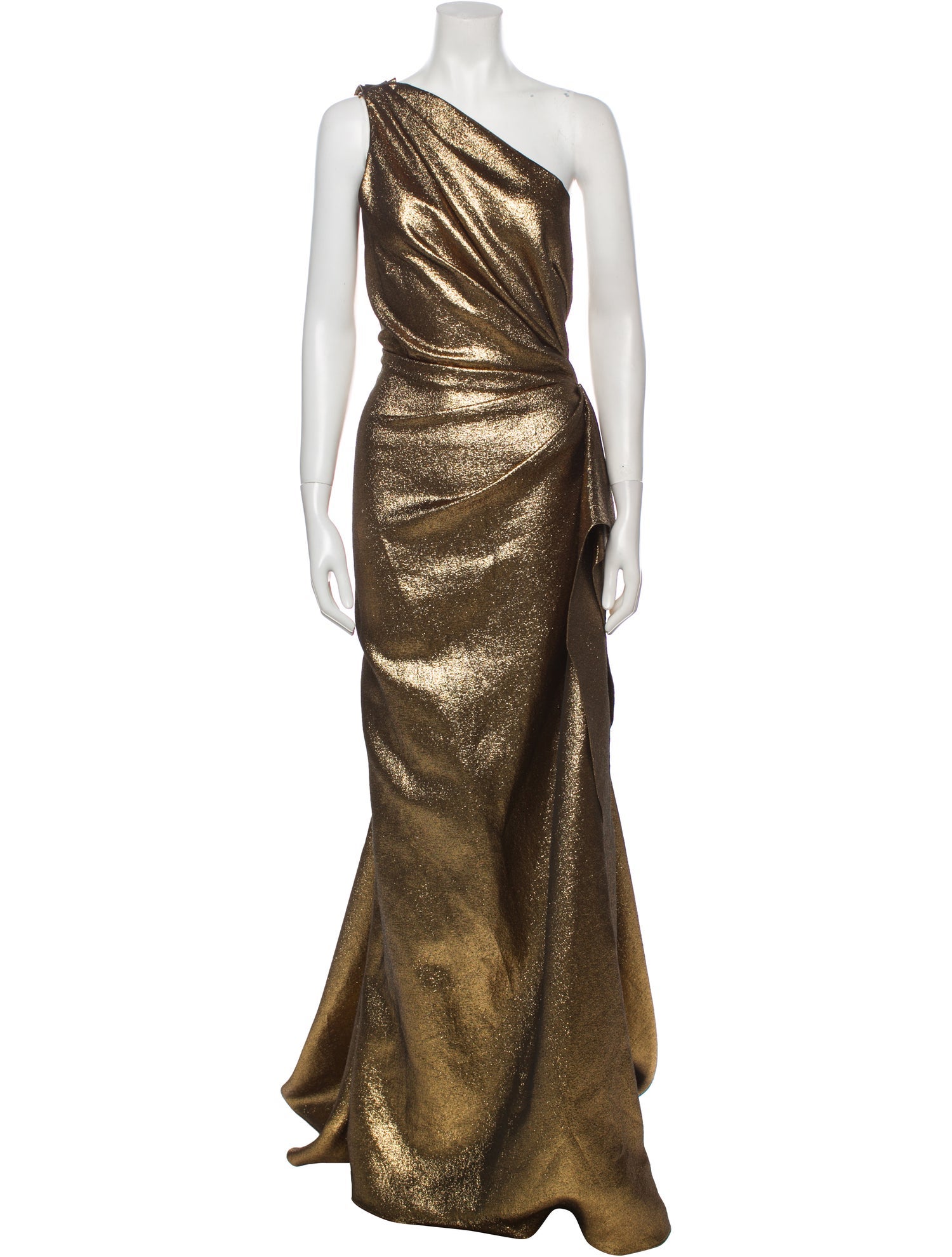 slim fit dress slacks REEM ACRA Size 2 Metallic Gold & Silver Layered Jacquard One Shoulder – Sui  Generis Designer Consignment main image 0