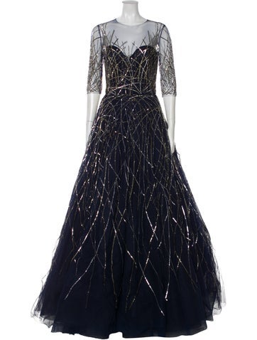 Pre-owned Reem Acra Lace Pattern Long Dress W/ Tags In Blue