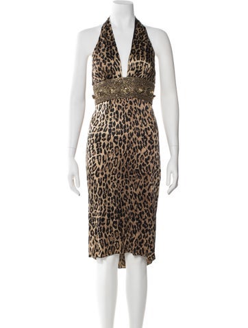 Pre-owned Reem Acra Animal Print Midi Length Dress In Black
