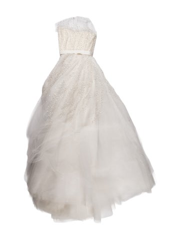 Pre-owned Reem Acra Patterned Long Dress In White
