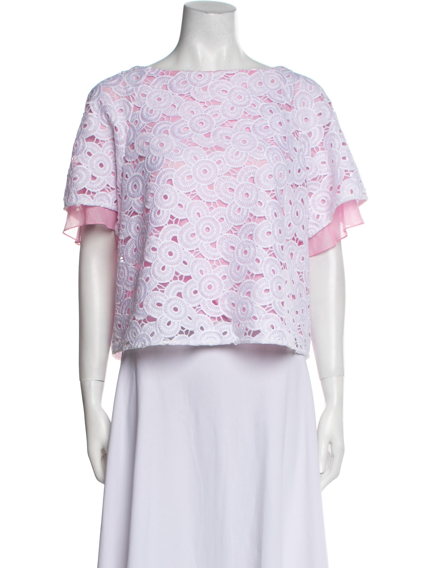 Rentrayage Lace Pattern Bateau Neckline Crop Top