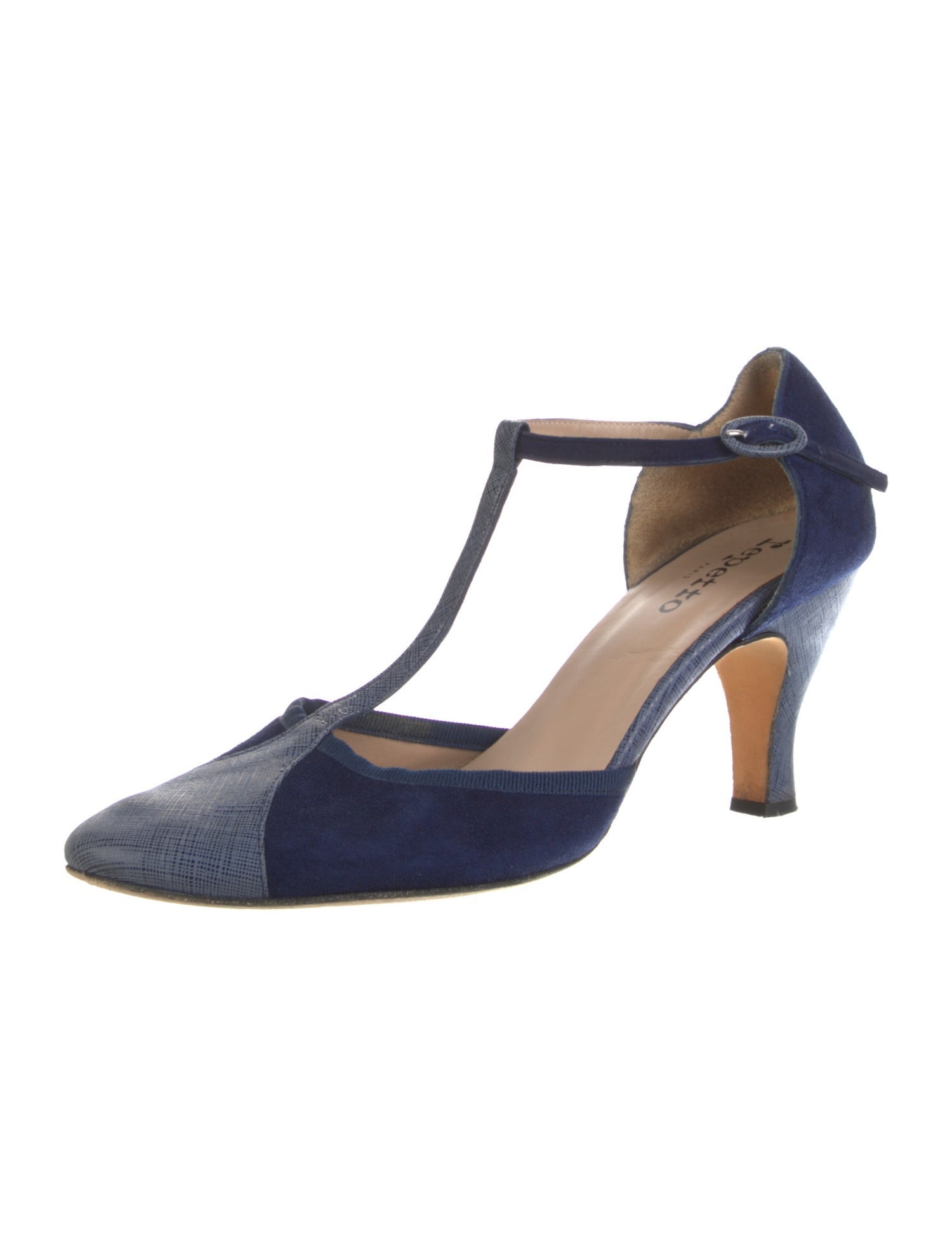 Repetto Suede Colorblock Pattern T-Strap Pumps