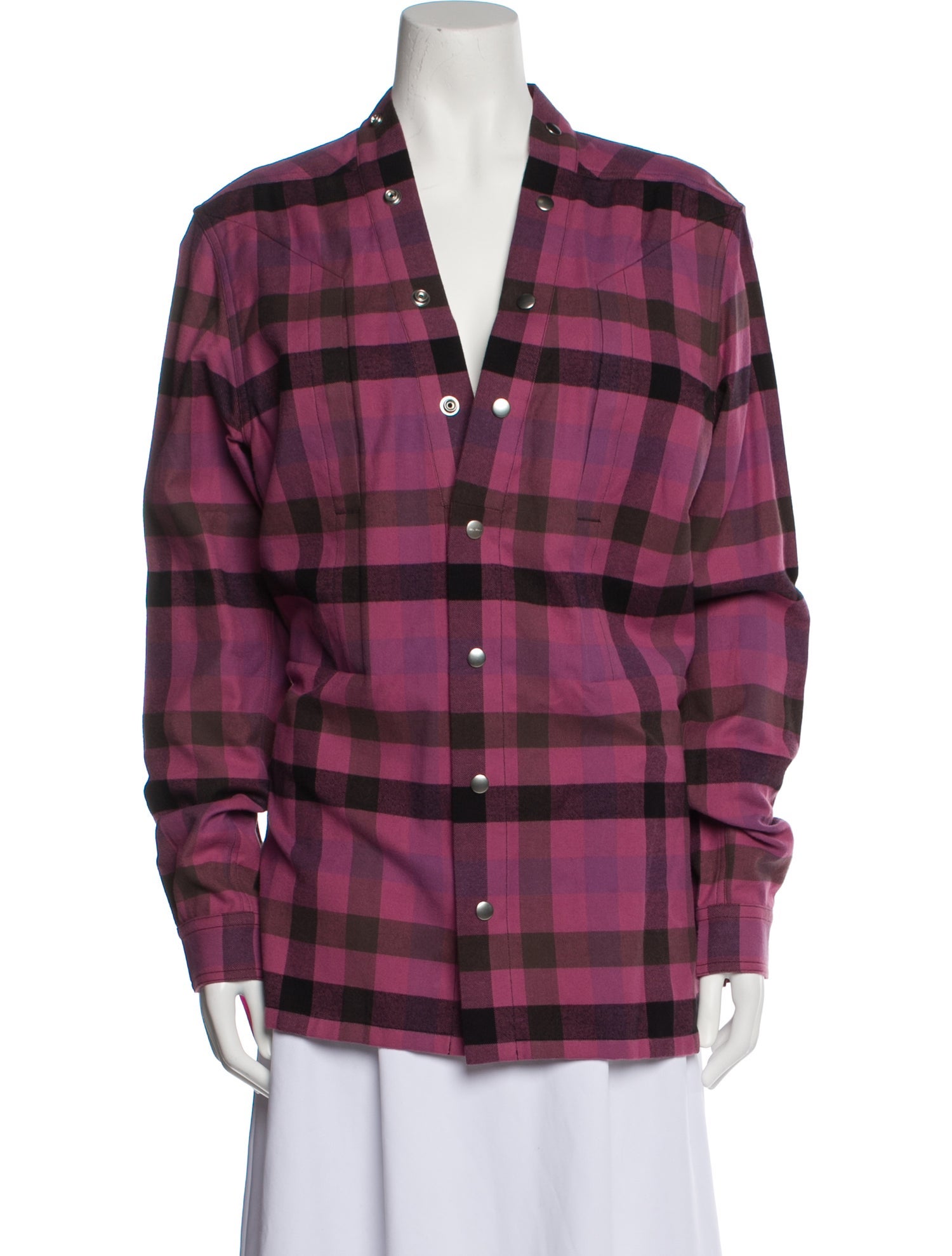 Rick Owens Plaid Print Plunge Neckline Button-Up Top