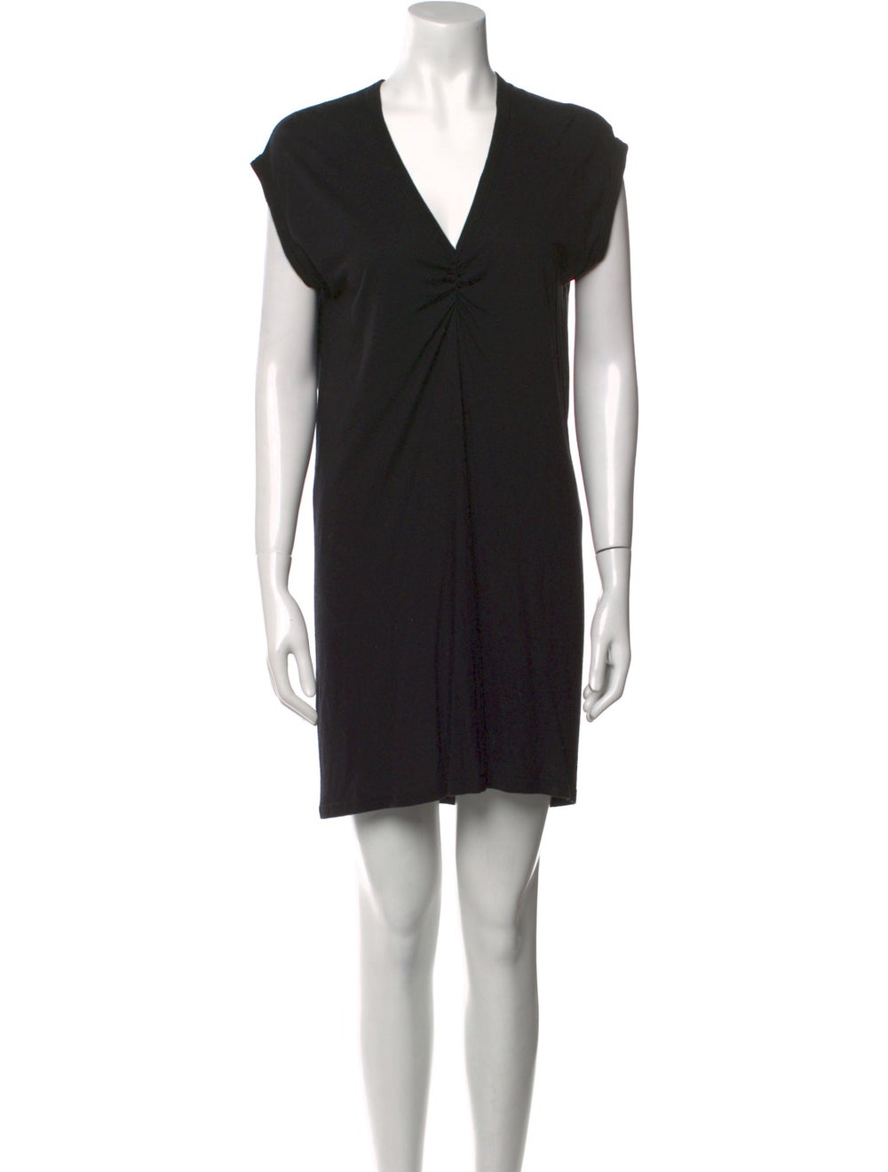 Rick Owens Lilies Shift Dress Black Ruffle Embellishment Short Sleeve with V-Neck