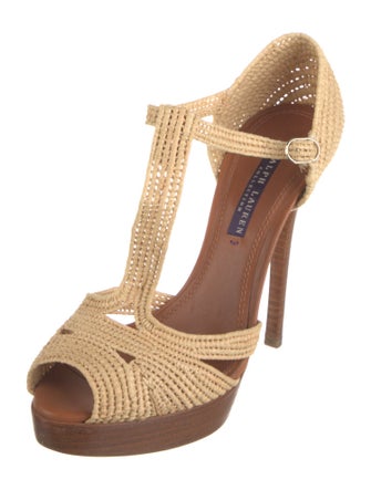 Ralph Lauren Purple Label Raffia Colorblock Pattern T-Strap Pumps