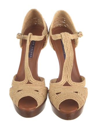 Ralph Lauren Purple Label Raffia Colorblock Pattern T-Strap Pumps