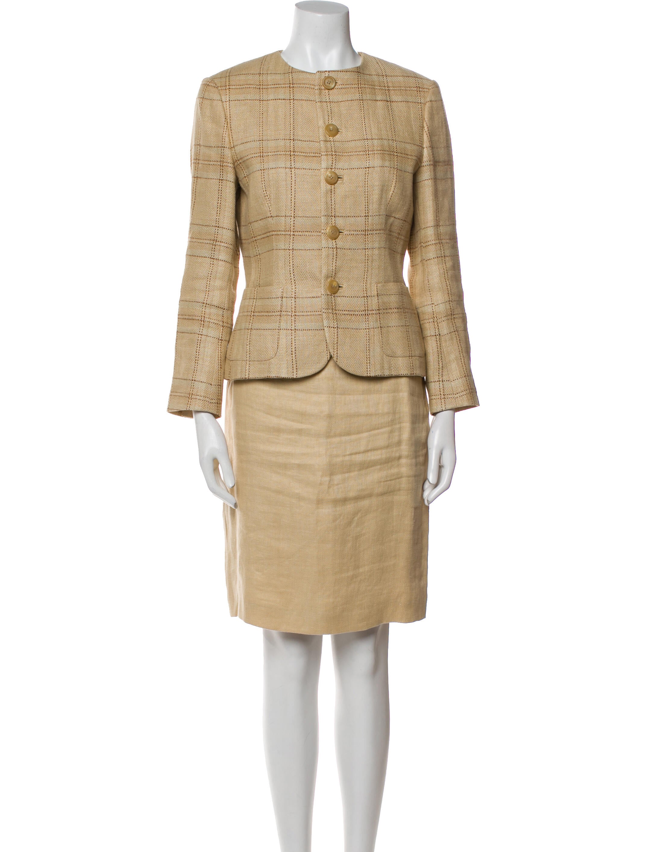Ralph Lauren Purple Label Linen Plaid Print Skirt Suit