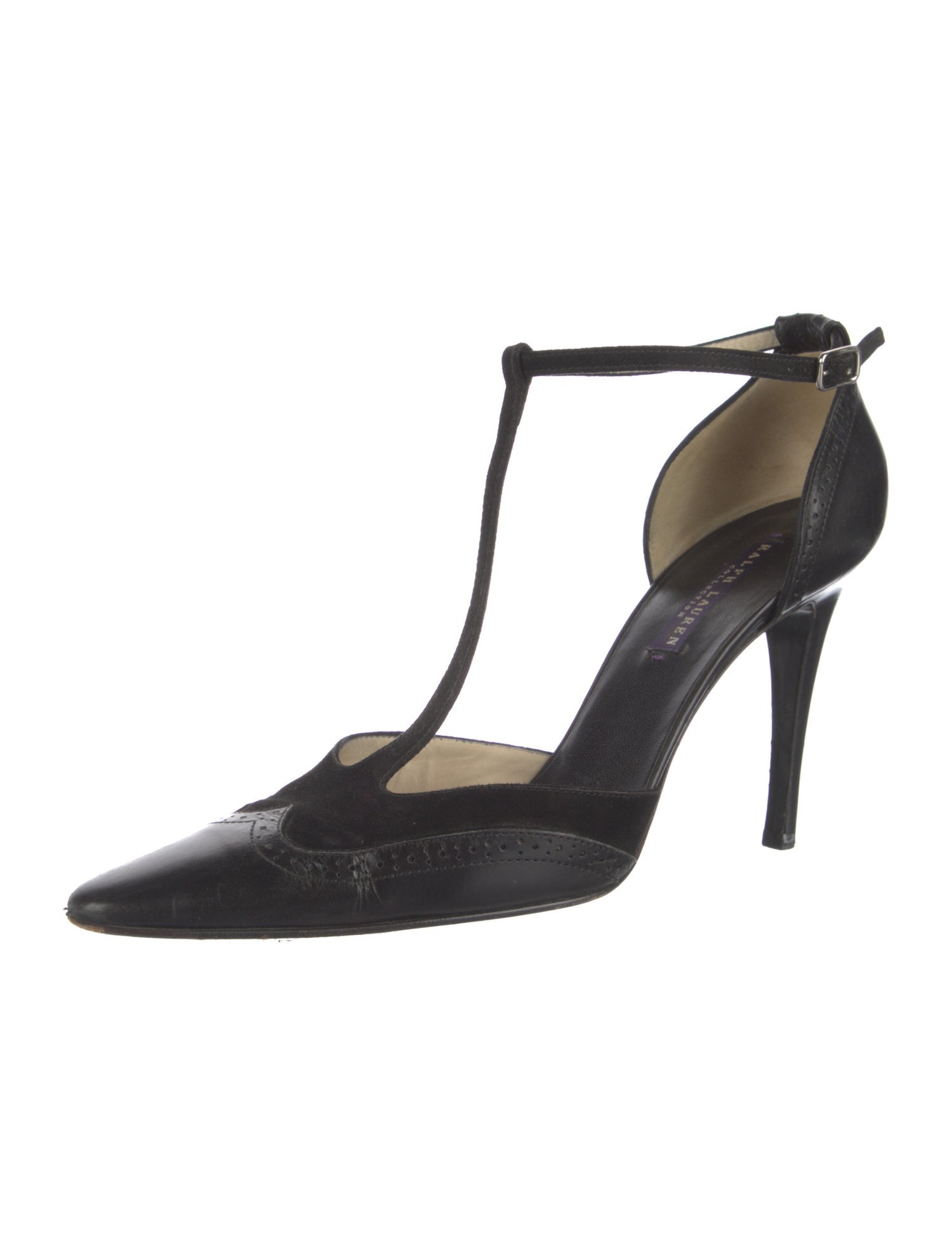 Ralph Lauren Purple Label Leather Cutout Accent T-Strap Pumps