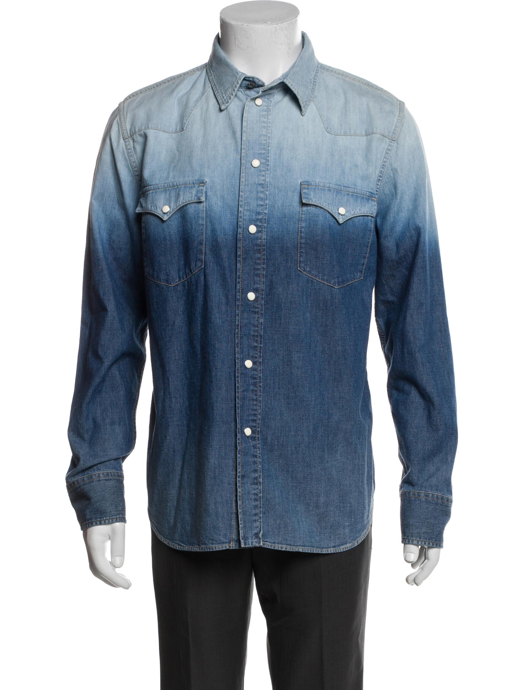 Ralph Lauren Purple Label Colorblock Pattern Long Sleeve Denim Shirt