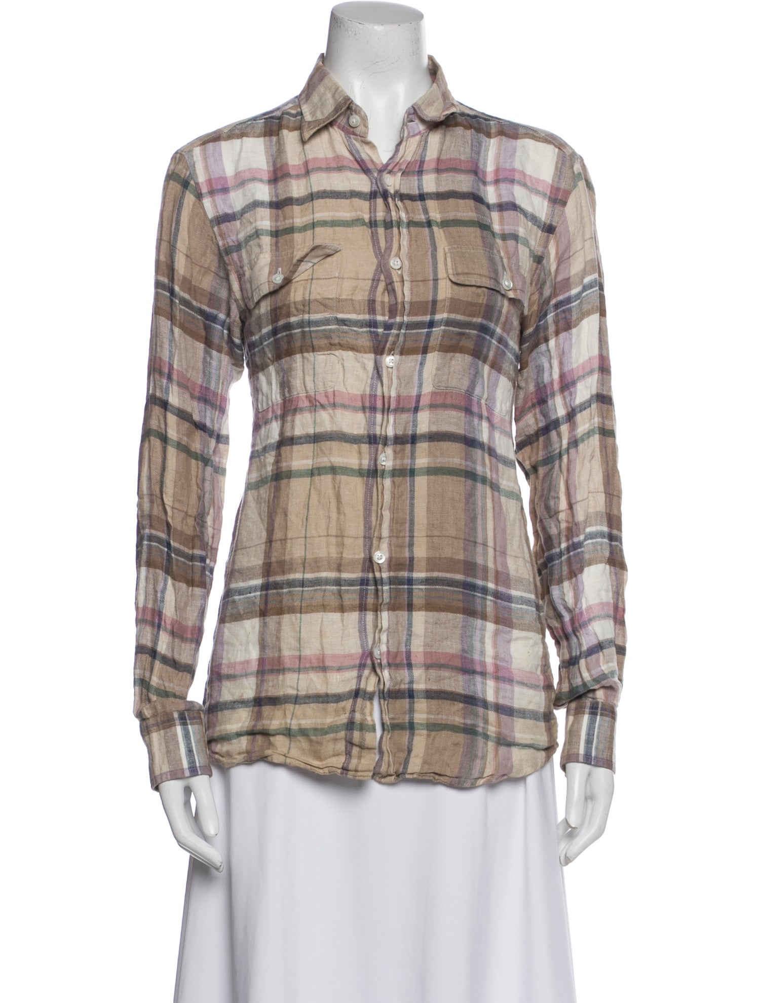 Ralph Lauren Purple Label Linen Plaid Print Button-Up Top