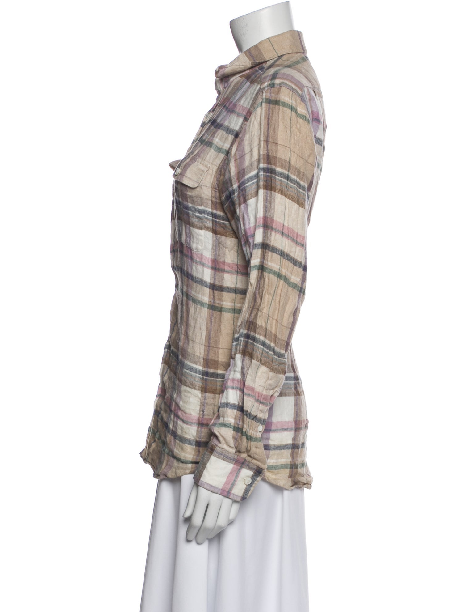 Ralph Lauren Purple Label Linen Plaid Print Button-Up Top