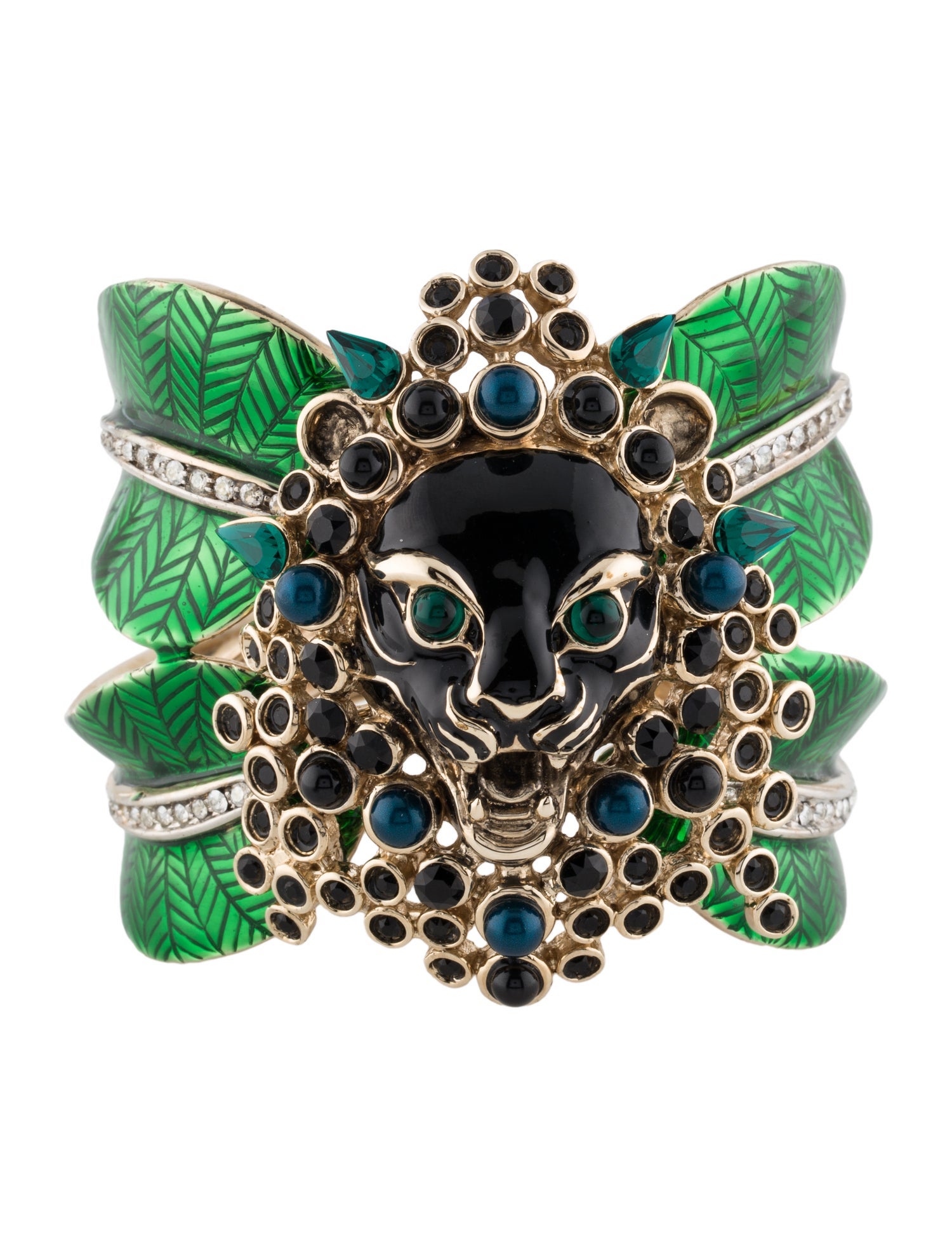 Roberto Cavalli Enamel, Bead & Crystal Lion Hinged Cuff Bangle Bracelet