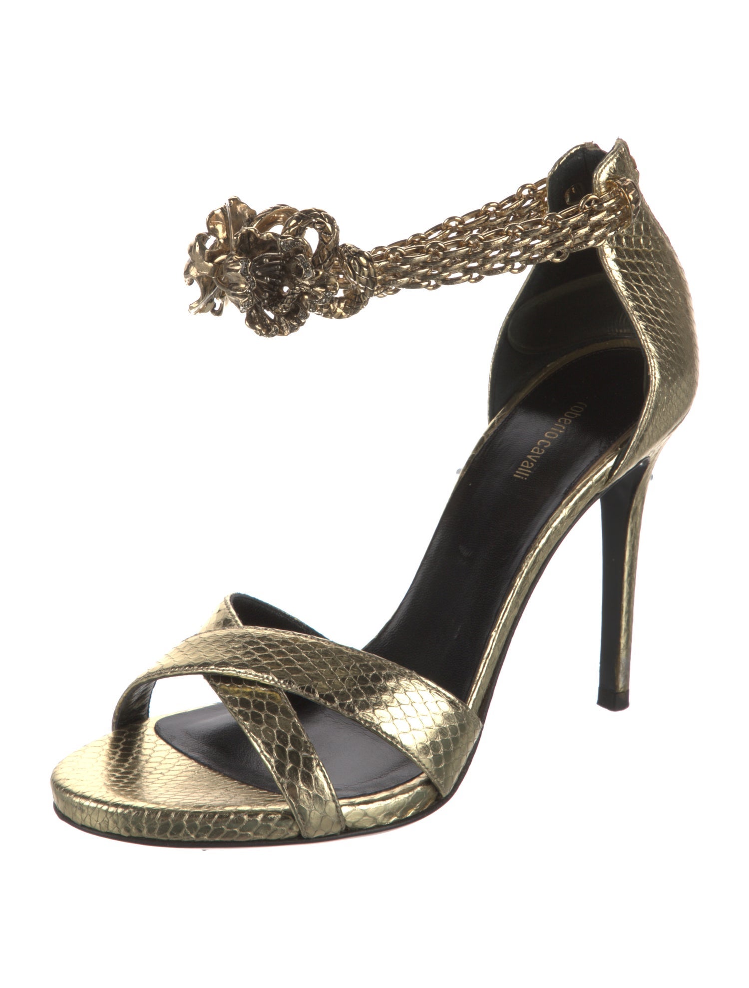 Roberto Cavalli Embossed Leather Animal Print Sandals