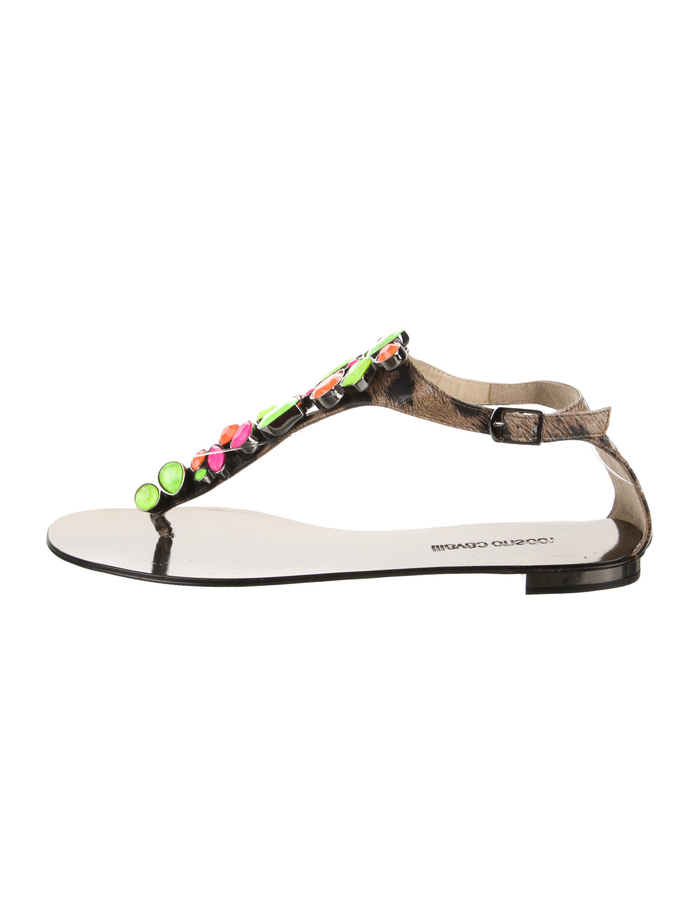 Roberto Cavalli Patent Leather Colorblock Pattern T-Strap Sandals