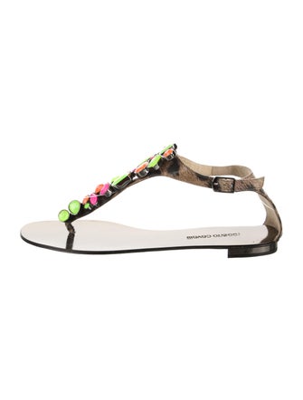Roberto Cavalli Patent Leather Colorblock Pattern T-Strap Sandals