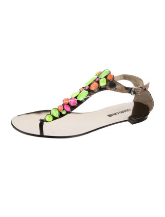 Roberto Cavalli Patent Leather Colorblock Pattern T-Strap Sandals