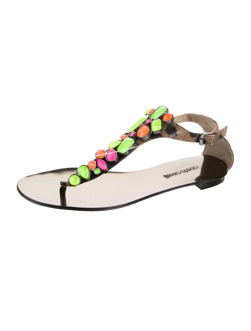 Roberto Cavalli Patent Leather Colorblock Pattern T-Strap Sandals