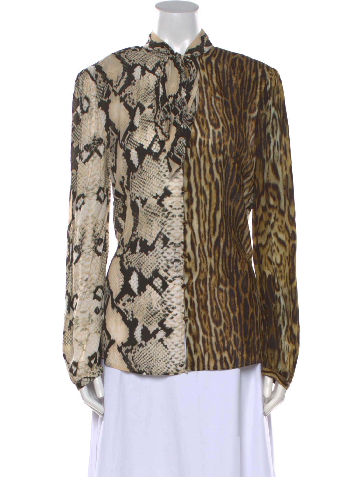 Roberto Cavalli Animal Print Mock Neck Button-Up Top
