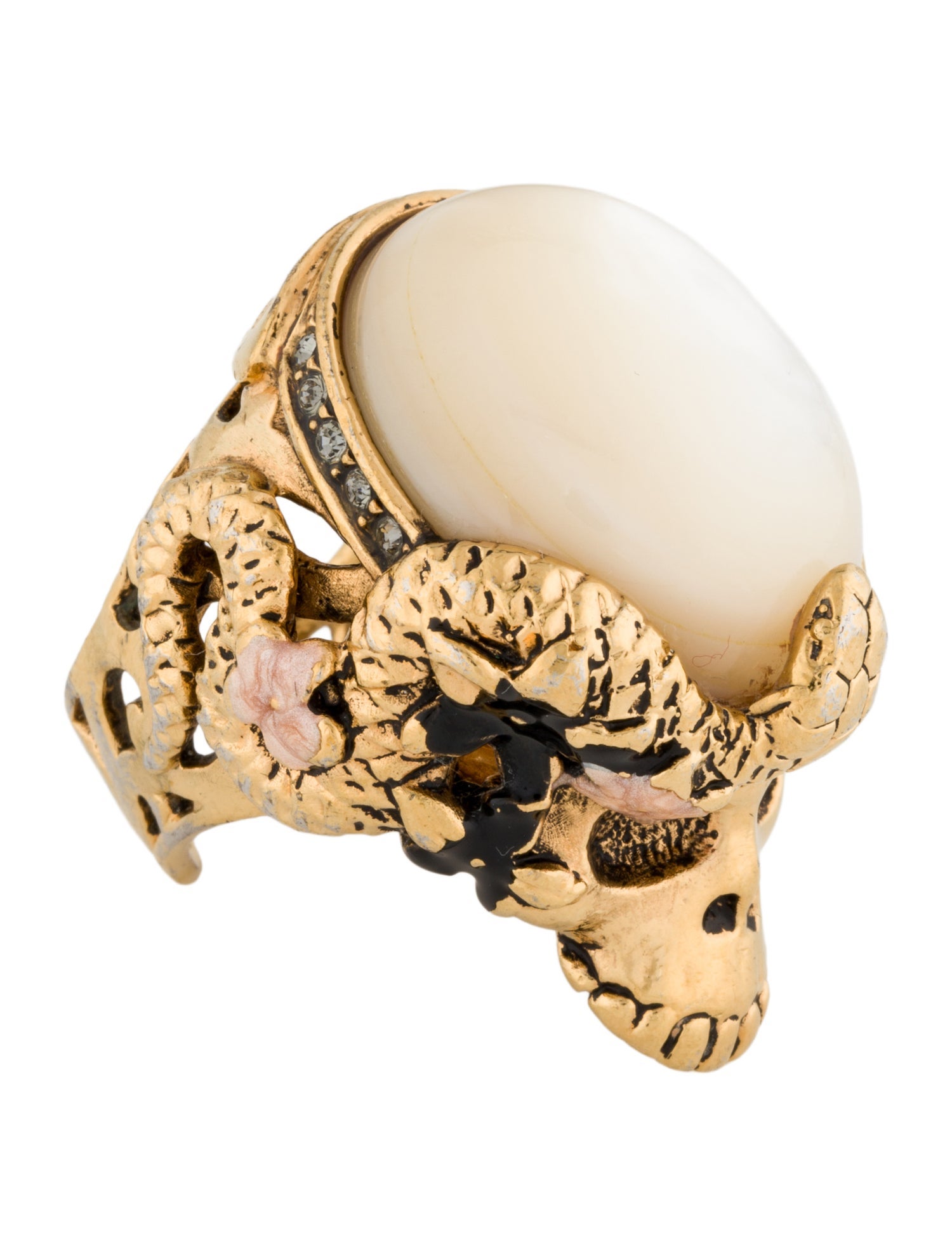 Roberto Cavalli Mother of Pearl, Enamel & Crystal Skull Cocktail Ring