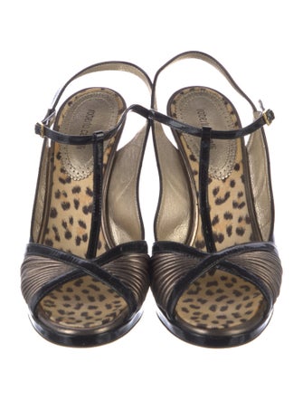 Roberto Cavalli Patent Leather Colorblock Pattern T-Strap Sandals