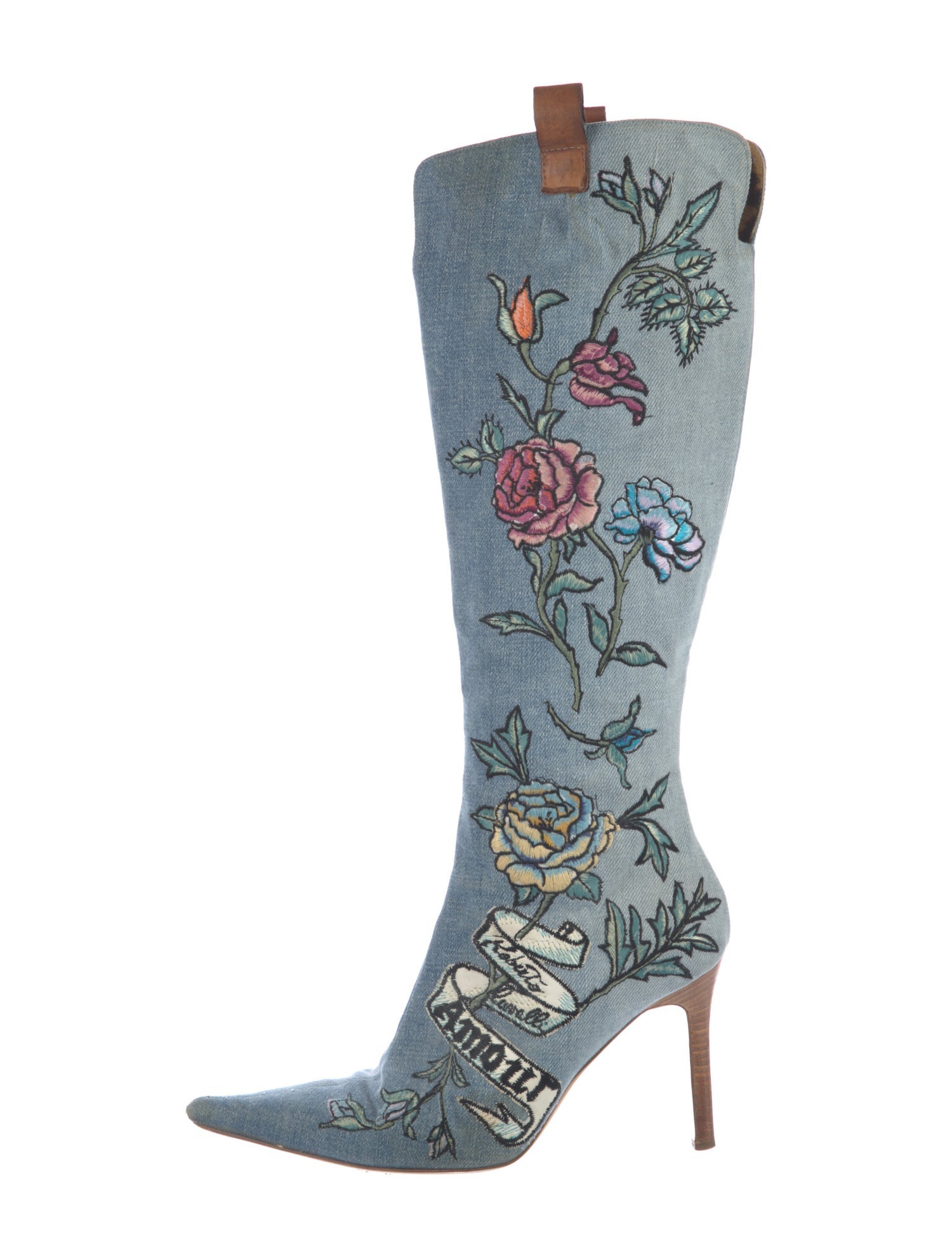 Roberto Cavalli Denim Floral Print Boots