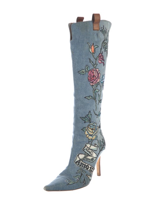 Roberto Cavalli Denim Floral Print Boots