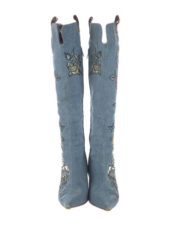 Roberto Cavalli Denim Floral Print Boots