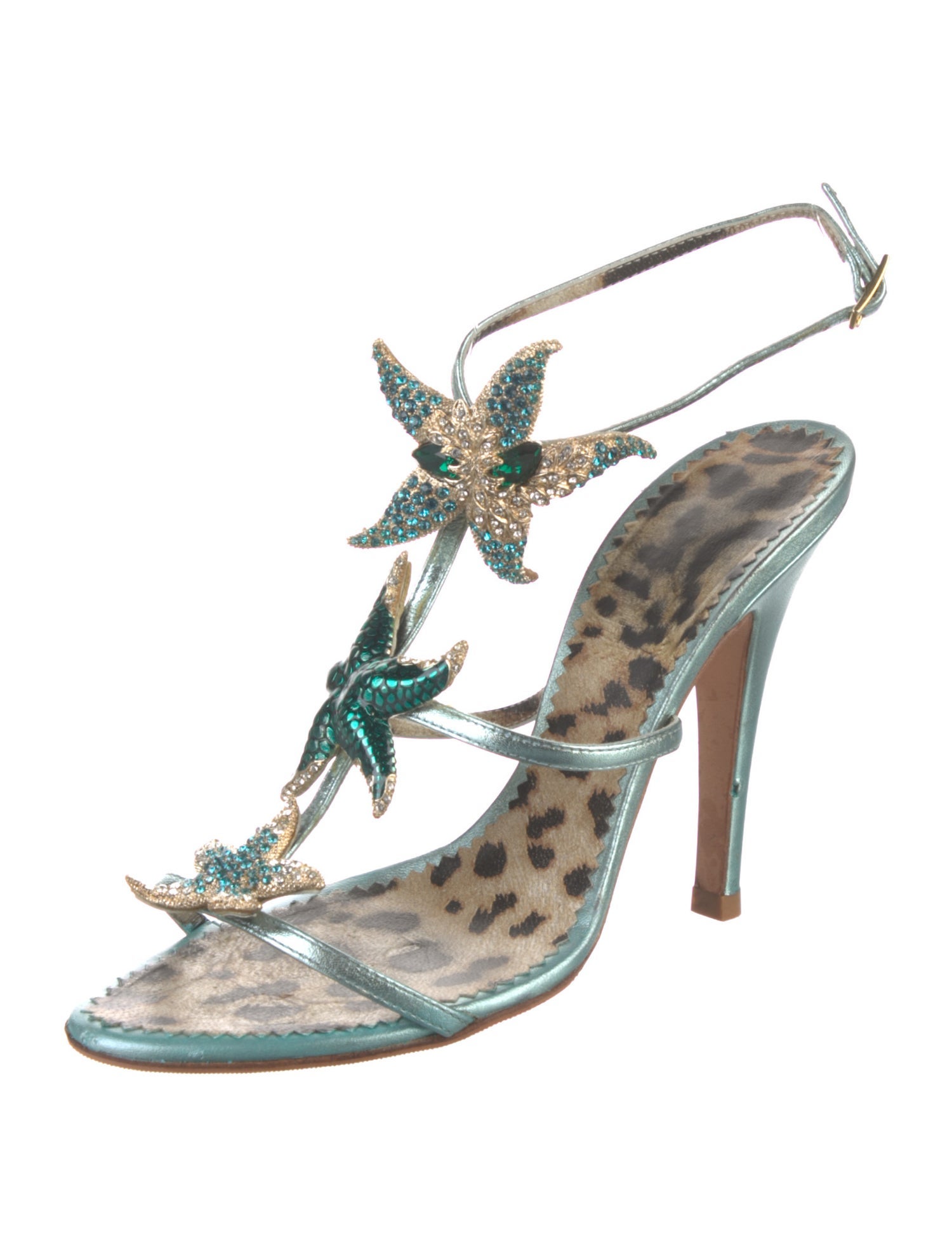 Roberto Cavalli Leather Animal Print T-Strap Sandals