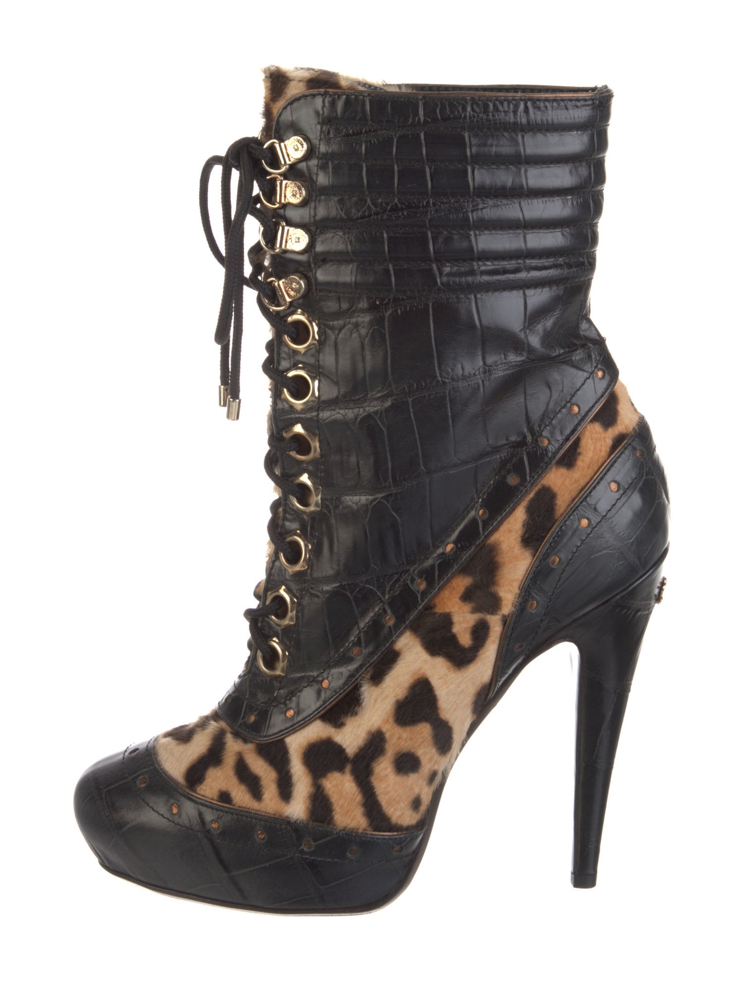 Roberto Cavalli Leather Animal Print Lace-Up Boots