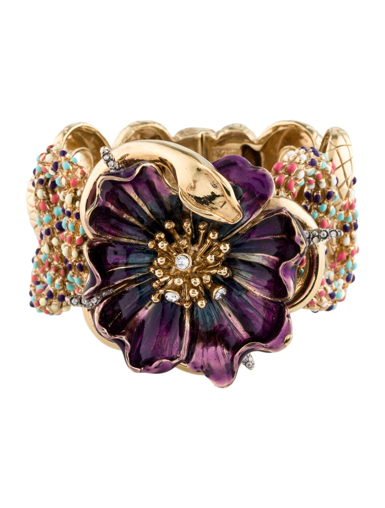 Roberto Cavalli Crystal & Enamel Flower Snake Cuff Bracelet