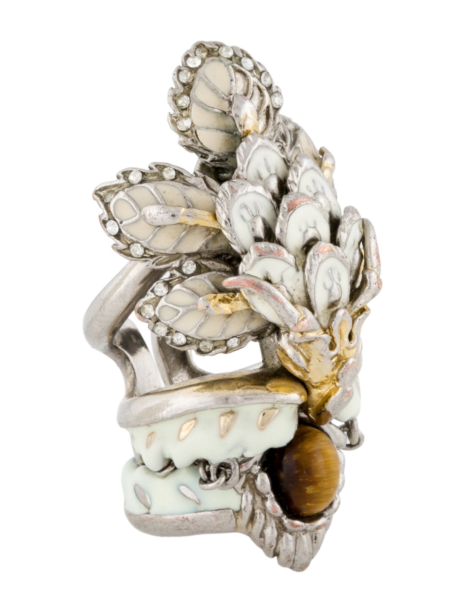 Roberto Cavalli Enamel & Crystal Indian Flowers Double Cocktail Ring
