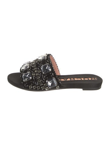 Rochas Sandals Leather Crystal Embellishments Slides Us8, It38 | 8