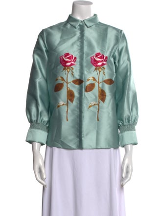 Rochas Floral Print Three-Quarter Sleeve Button-Up Top