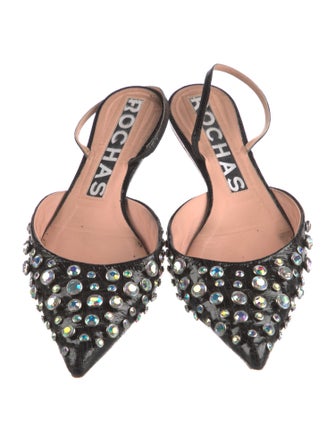 Rochas Patent Leather Crystal Embellishments Slingback Flats