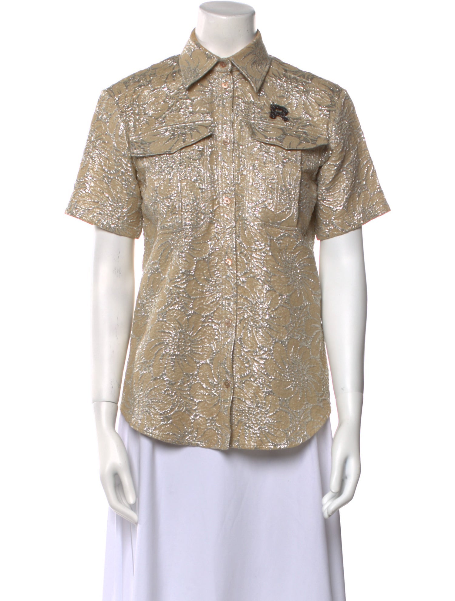 Rochas Silk Short Sleeve Button-Up Top