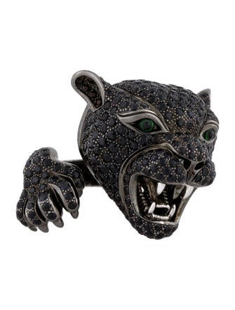 Roberto Coin 18K 5.66ctw Black Sapphire & Tsavorite Animalier Collection Panther Cocktail Ring