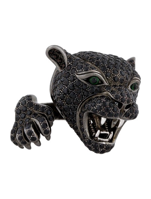 Roberto Coin 18K 5.66ctw Black Sapphire & Tsavorite Animalier Collection Panther Cocktail Ring