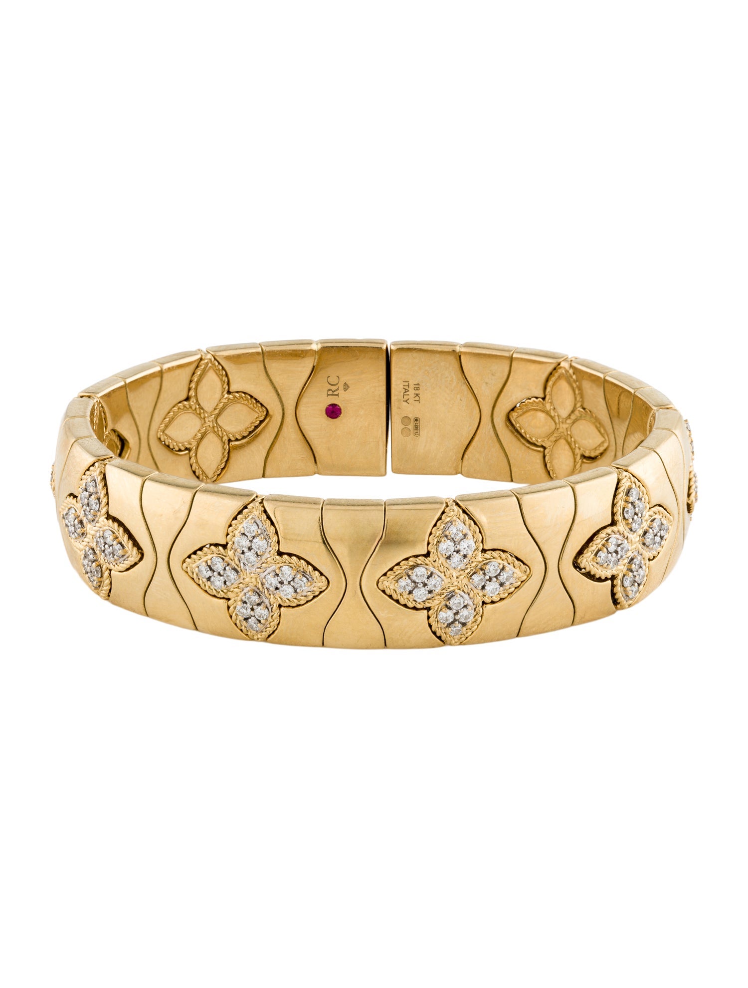 Roberto Coin 18K 1.28ctw Diamond Royal Princess Flower Wide Cuff Bracelet
