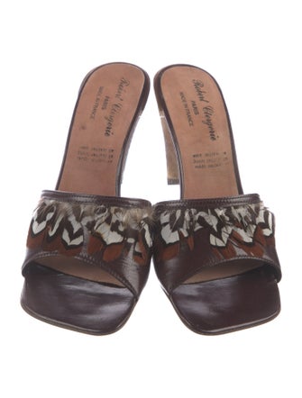 Robert Clergerie Leather Feather Trim Slides