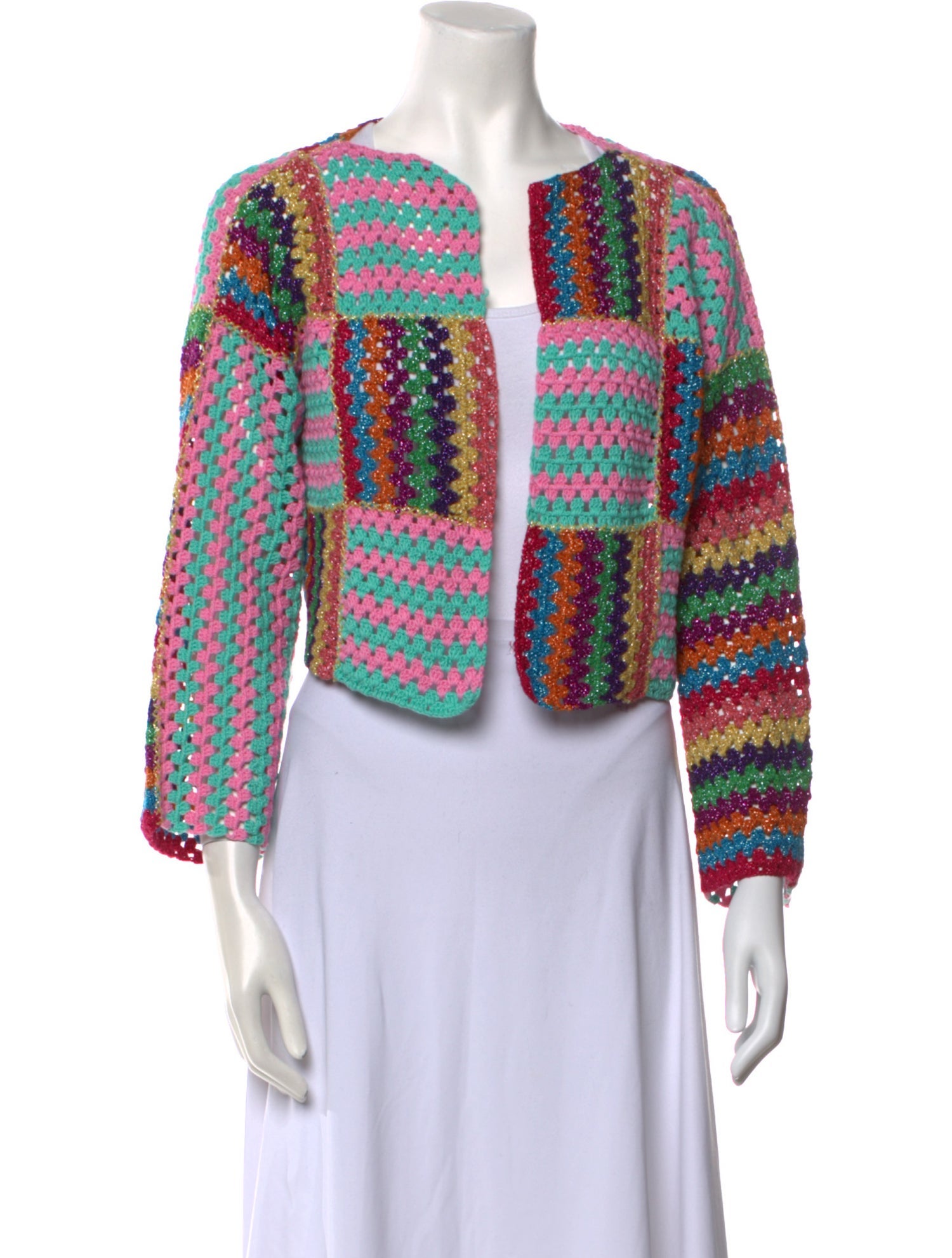 Rose Carmine Striped Open Front Sweater