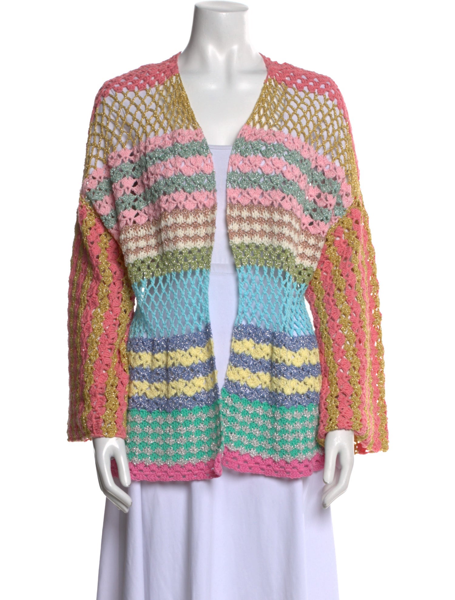 Rose Carmine Striped Open Front Sweater