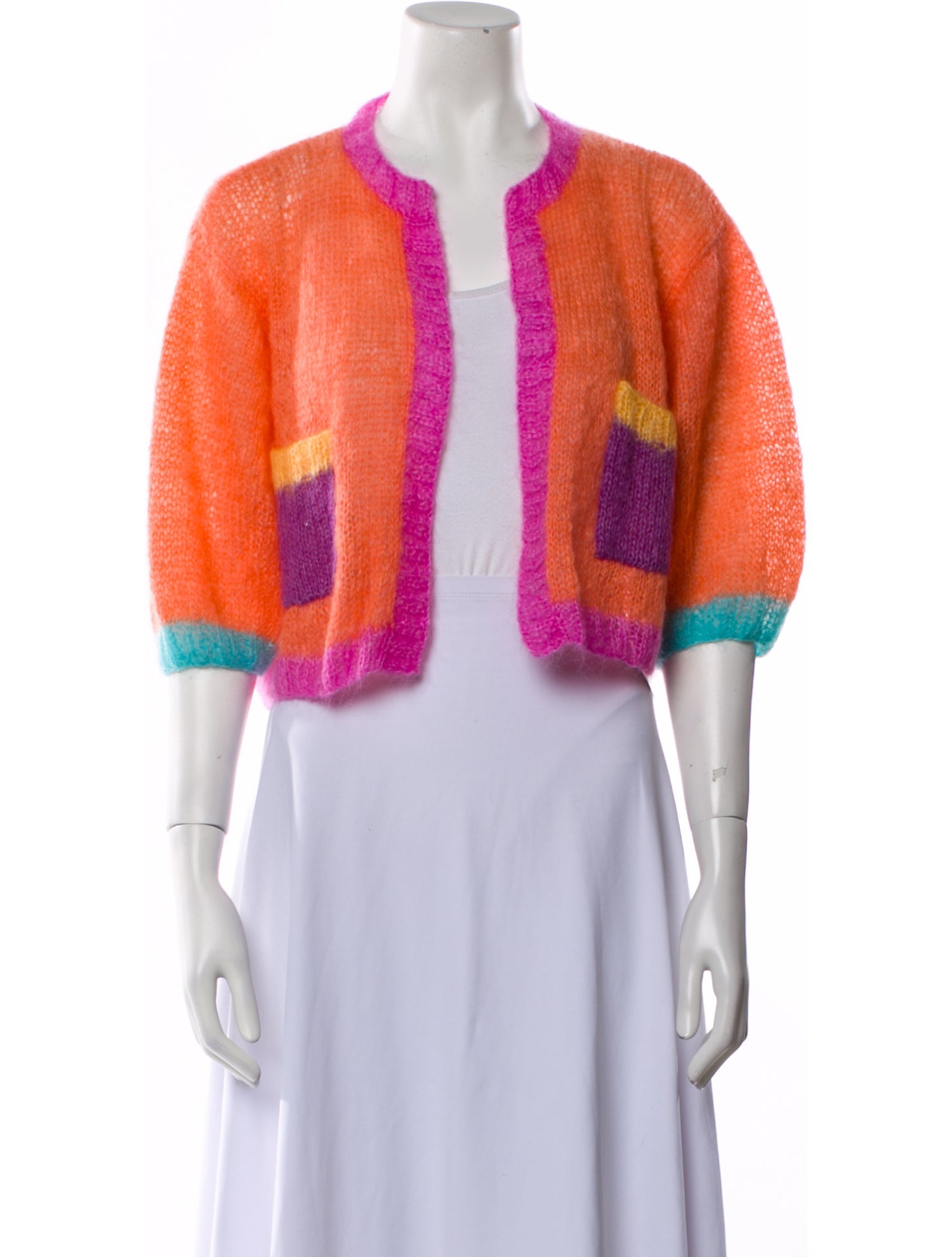 Rose Carmine Kid Mohair Colorblock Pattern Bolero