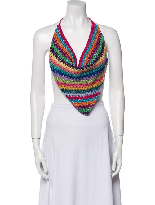 Rose Carmine Striped Halterneck Crop Top