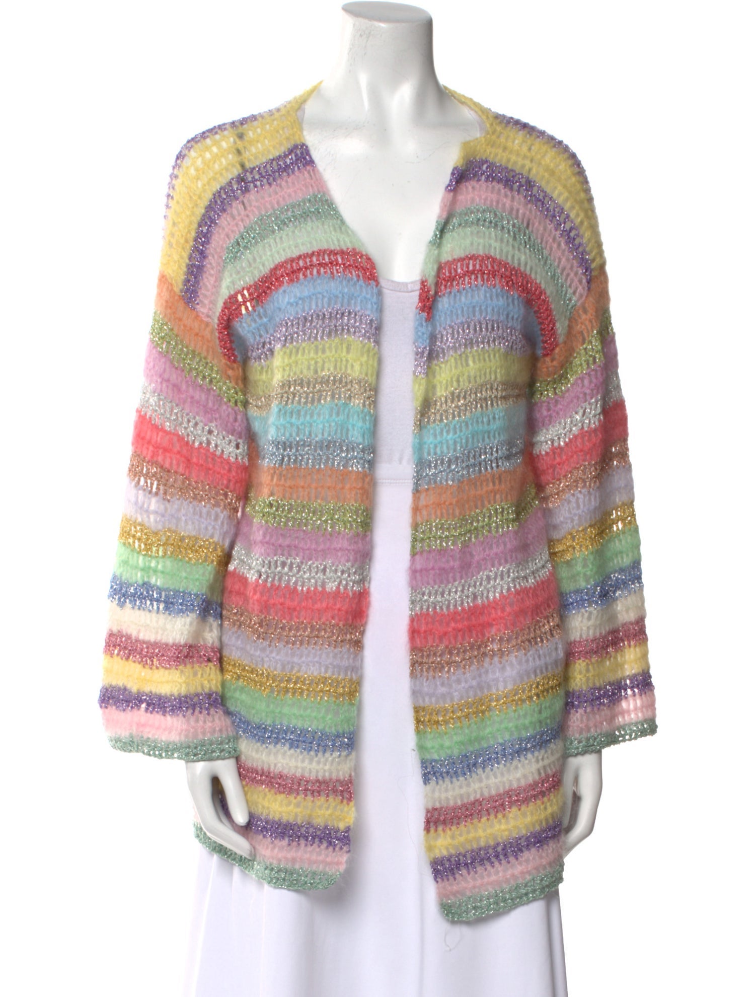 Rose Carmine Striped Open Front Sweater