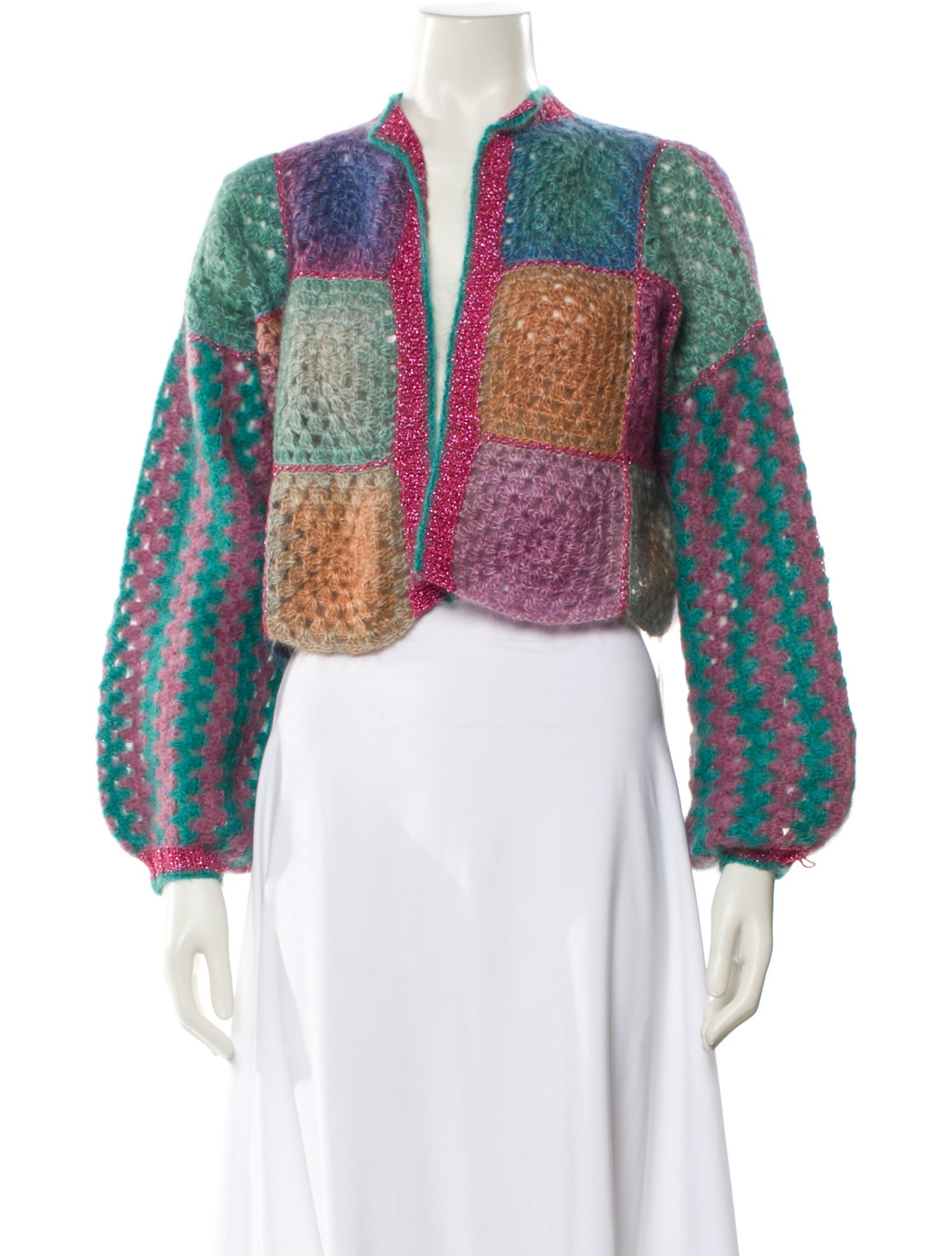 Rose Carmine Crochet Colorblock Pattern Sweater