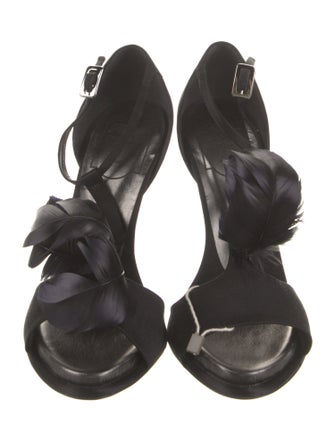 Roger Vivier Satin Feather Trim T-Strap Sandals